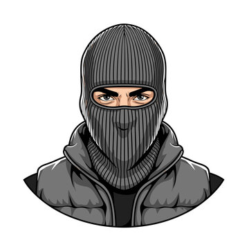Man in dark balaclava and jacket with intense gaze