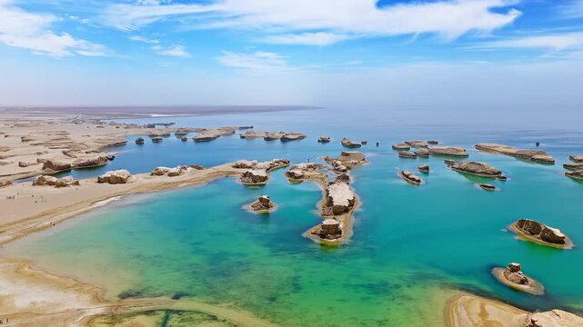 Aerial view of water yardang geological landforms in Qinghai, China