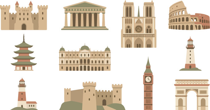 Set of flat vector illustrations featuring famous world landmarks and historical buildings.