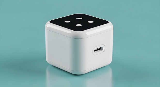 Small white cubeshaped smart home controller with a black top panel featuring four circular buttons and a usbc charging port