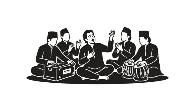 Group of men performing traditional qawwali music with harmonium and tabla instruments.