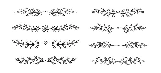 Naklejka premium Line floral leaf ornament set. Hand drawn line floral leaf border vine doodle frame flower decor. Laurel olive divider flourish wreath botanical wedding garden vintage. Vector illustration
