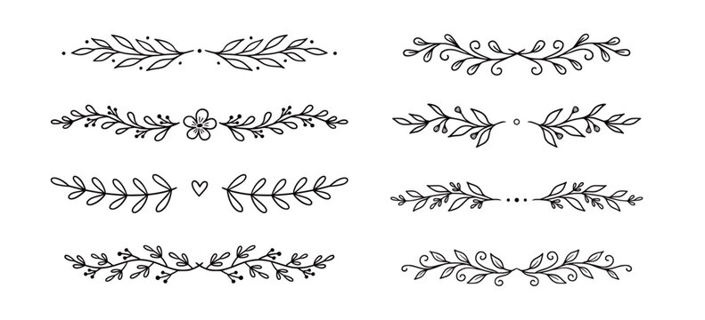Line floral leaf ornament set. Hand drawn line floral leaf border vine doodle frame flower decor. Laurel olive divider flourish wreath botanical wedding garden vintage. Vector illustration