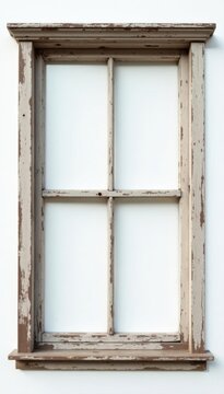 Antique wooden window frame, weathered paint, white backdrop, natural, farm