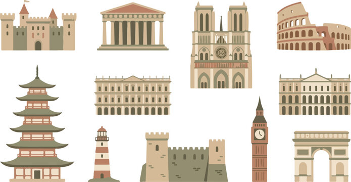 Collection of famous world landmark buildings and historical monuments in a flat vector illustration style.