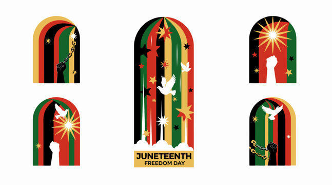 Juneteenth Freedom Day colorful arches with doves and stars