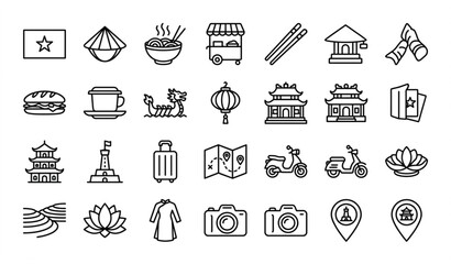 Obraz premium Vietnam Travel Heritage Outline Icon Set with Landmarks Food Culture and Tourism Vector Illustration