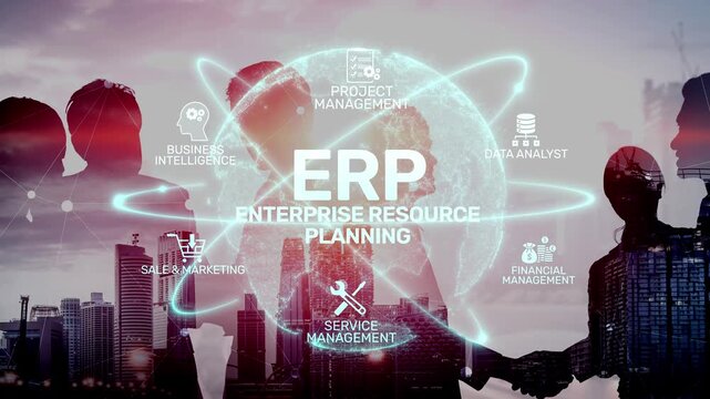 ERP platform visual showing centralized system for enterprise resource planning, improving integration, data flow, business efficiency, finance, inventory, and human resources. Muxer