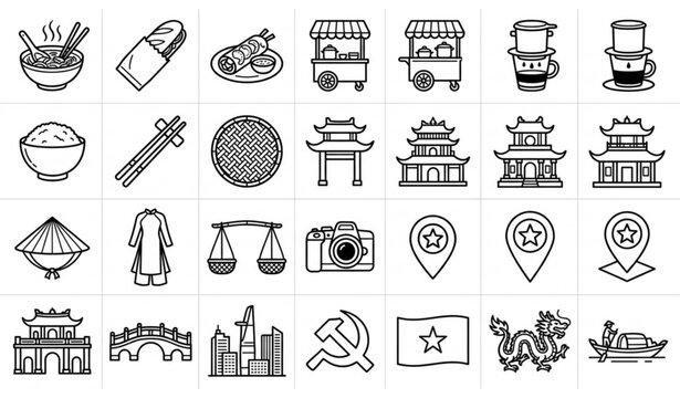 Vietnamese Food and Lifestyle Line Icon Set with Pho Banh Mi Travel and Cultural Symbols Vector Pack