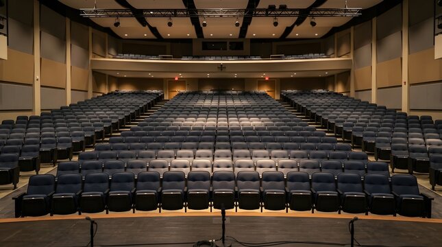 Empty Auditorium Hall with Blue Seats and Stage
