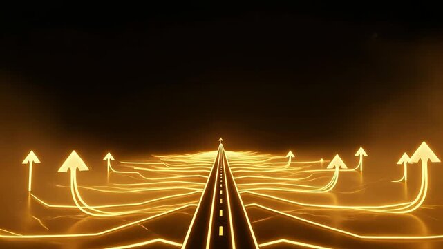 Arrow highway road glowing runway leading to horizon. opportunity expansion business diversification growth through illuminated lanes and abstract