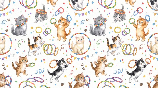 Seamless pattern of cute watercolor kittens playing with circus hoops