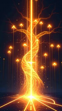 Golden glowing tree spiral trunk branches arrows upward opportunity expansion business diversification glowing arrow rising futuristic path bright