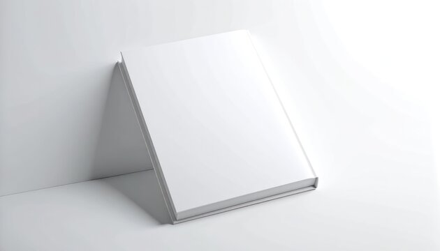 A clean white book is leaning against a white wall, casting a subtle shadow.