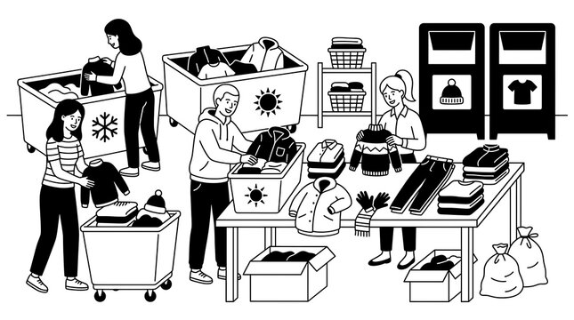 Volunteers sorting seasonal clothes for donation in a warehouse