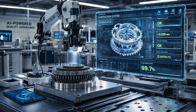 Advanced robotic arm inspecting precision gear with AI quality assurance system transparent background