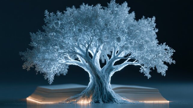 A vibrant 3D illustration of a glowing knowledge tree with illuminated branches symbolizing growth, learning, and wisdom in a digital and futuristic style.