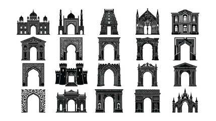 Obraz premium Historical architecture arch silhouettes, set of 20 black vector icons of ancient gates and monuments, decorative building entrance portals