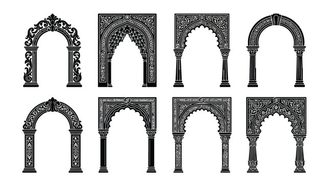 Islamic architectural arch set, black ornamental oriental doorways, 8 traditional arabic gate vector illustrations for interior design and decor