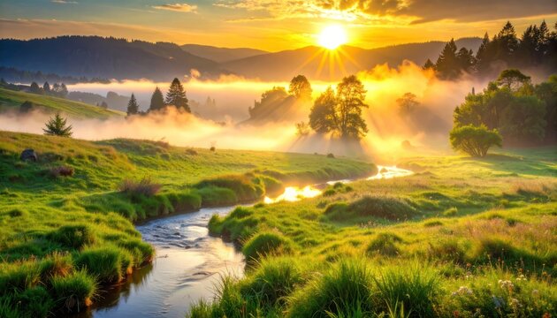 Golden sunrise streams through mist over rolling green hills and a winding river.