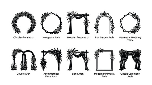 Wedding arch silhouettes set, 10 floral ceremony frames and geometric garden arches, rustic wooden and iron altar vectors for event planning