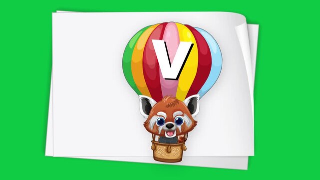 Cartoon Red Panda in Hot Air Balloon Floating Near White Sign Green Screen