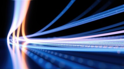 Fototapeta premium Abstract light streaks form dynamic curves, radiating energy. Blue, orange hues dominate dark background. Modern digital illustration.