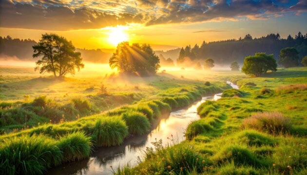 A serene landscape unfolds with a gentle stream winding through lush green fields under a golden sunrise, casting ethereal mist and light.