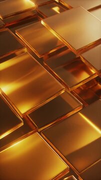 Translucent amber glass panels float in layered formations with golden sunlight, evolving caustic light patterns and realistic refractions, creating elegant luxury interior branding background.