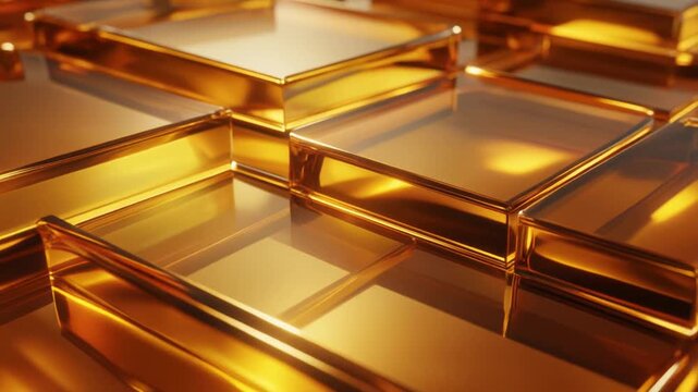 Translucent amber glass panels float in layered formations with golden sunlight, evolving caustic light patterns and realistic refractions, creating elegant luxury interior branding background.