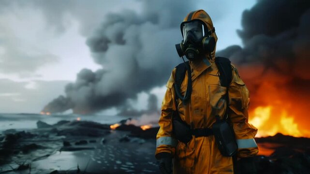 Rescuer operating by shoreline sunset. Emergency responder working along rocky coast at dusk. Lifesaving professional in protective suit assisting at rugged coastal area at twilight