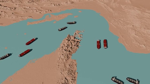 strait of Hormuz tanker traffic back and forth- 3D animation loop
