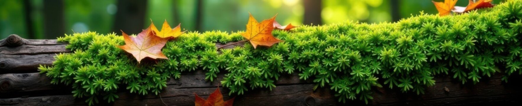 Emerald moss blankets decaying log, autumn leaves scattered , vibrant, wild, photography