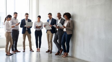 Fototapeta premium A diverse group of modern business professionals standing casually against a minimalist office wall during a work break, each engaged with different work tools including a smartphone, laptop, notebook