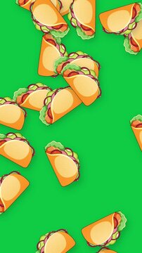 Animated Falling Tacos on Vibrant Green Background Vertical Loop