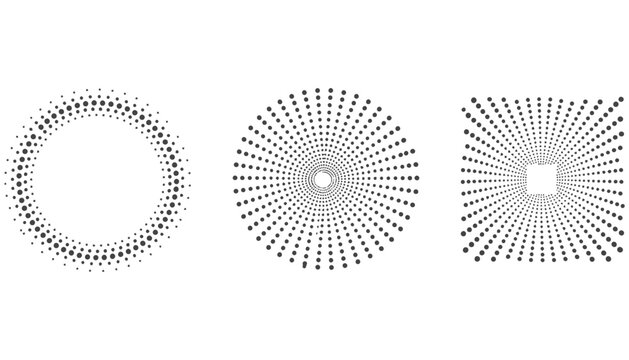 Halftone geometric shapes set circular and radial dot patterns