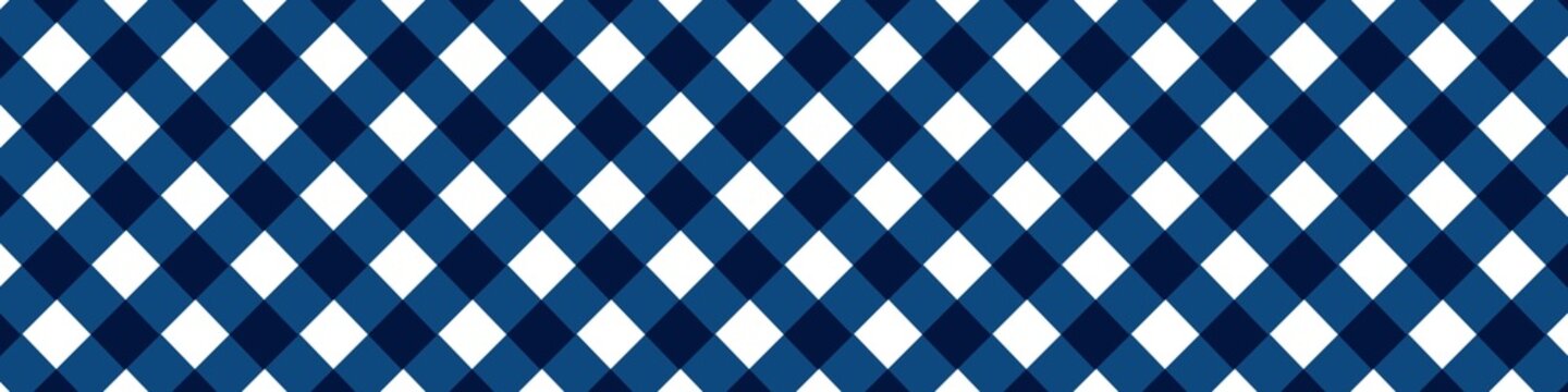 Seamless diagonal gingham check pattern in navy blue and white, classic textile background.