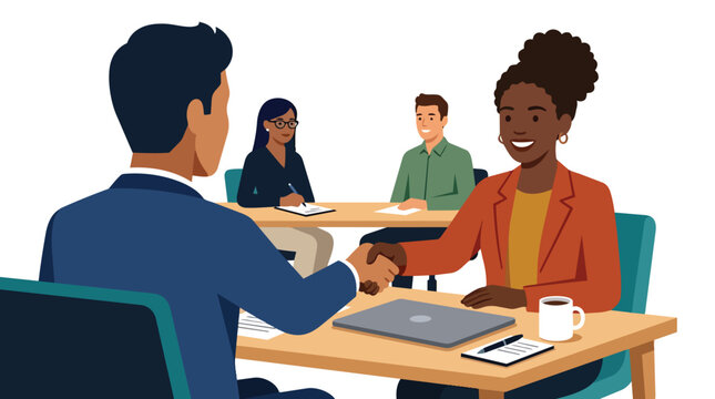 Executive recruitment agreement handshake between diverse professionals in clean flat vector style for human resources marketing