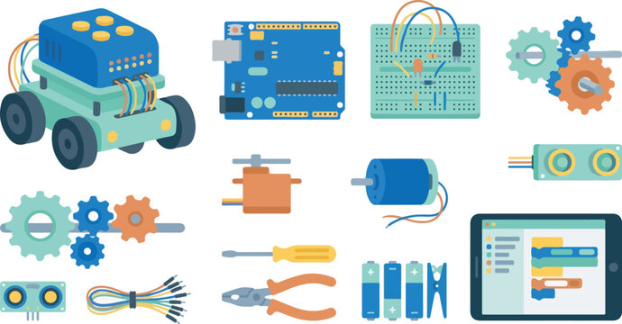 Set of electronic components and robotics parts for education and engineering projects.