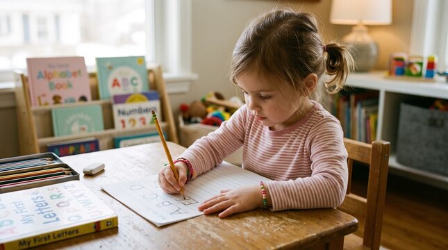 The child is learning to write the first letters with a pencil.