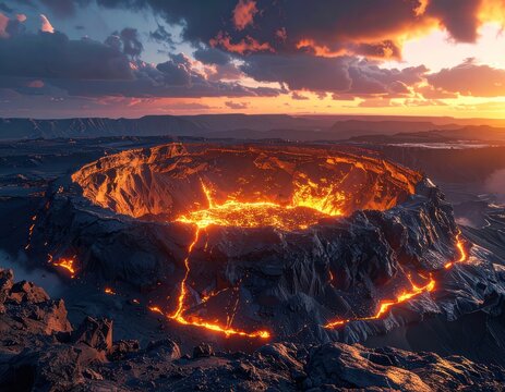 A dramatic volcanic crater glows with molten lava at sunset.