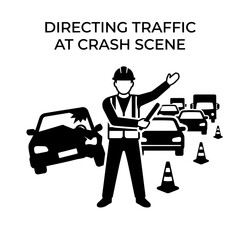 Naklejka premium Traffic Controller Directing Traffic at Accident Scene with Cones.