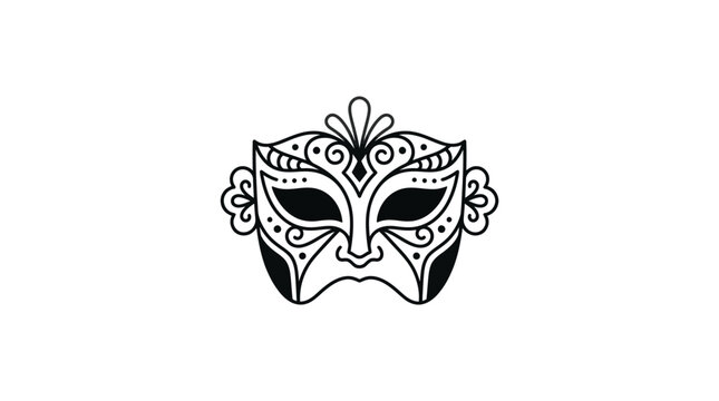 A detailed black and white line art illustration of a decorative masquerade mask.