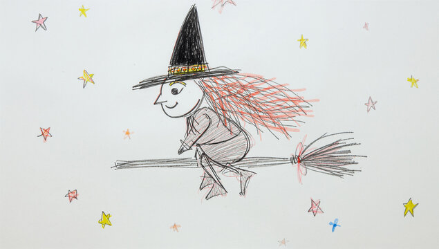 ほうきに乗って夜空の星の間をスイスイ飛ぶ可愛い魔女の子供の落書き風イラスト