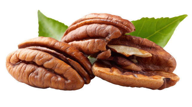 Premium pecan nut kernels with green leaves rich in healthy nutrients isolated for natural snack on white background