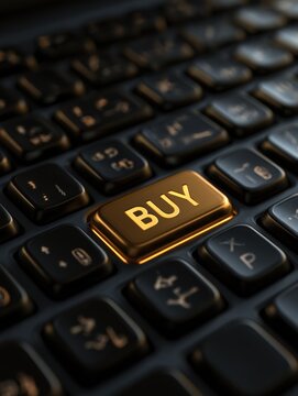 A close-up view of a black keyboard shows a golden buy key glowing in dramatic light. This setting emphasizes online shopping.