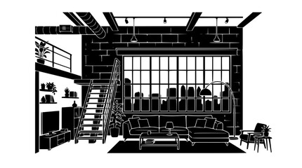 Modern industrial loft living room interior silhouette with city view © Segombal