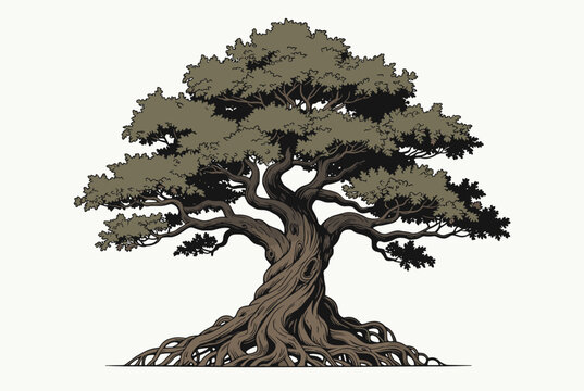 Magnificent ancient green bonsai tree with a thick twisted trunk and complex root system, isolated on white background.