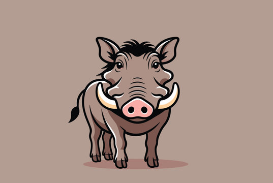 Front view portrait of a wild warthog with large curved tusks, standing on a plain brown background, vector.