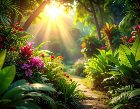 A sun-drenched path winds through a lush garden bursting with colorful flowers and vibrant foliage.